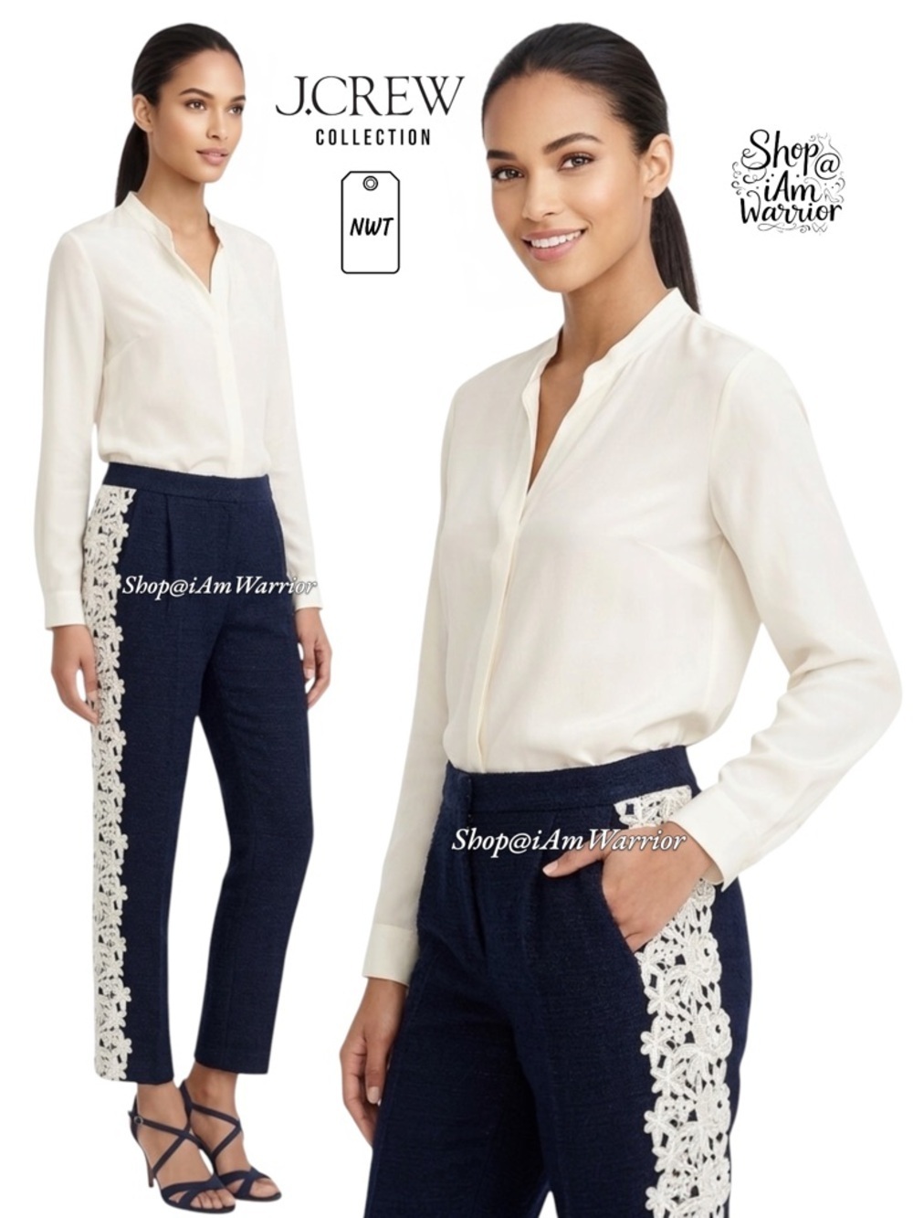 J.Crew Collection NWT rare guipure lace stripe navy tuxedo pants Shop@iamwarrior